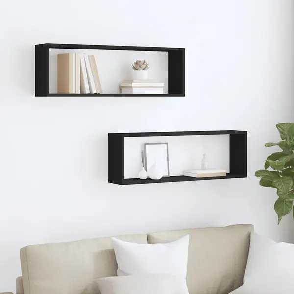 VidaXL Wall Mounted Cube Shelf Set Of 2 Black 80x15x26.5 Cm Made Of Engineered Wood Perfect For Living Room Or Hallway thumbnail