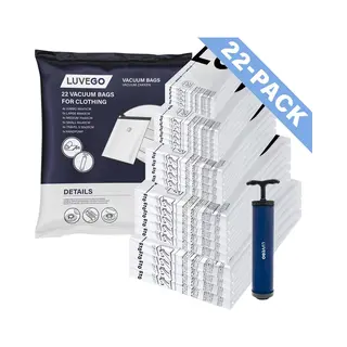 Luvego Vakuumierbeutel Für Kleidung Und Bettdecken Mit Handpumpe - 22Stück, 4xJumbo, 5xLarge, 4x Medium 5x Small, 4x Reise, Vacuum Bags,
