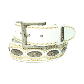 Sendra Boots Riem 7606 Wit Dames Heren Riem Handgemaakte Cowboy Western Ibiza Bohemian 4cm Brede Jeans Broekriem Zilverkleurige Concho's Verwisselbare
