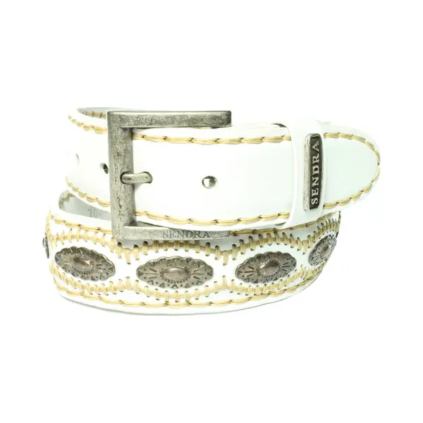 Sendra Boots Riem 7606 Wit Dames Heren Riem Handgemaakte Cowboy Western Ibiza Bohemian 4cm Brede Jeans Broekriem Zilverkleurige Concho's Verwisselbare thumbnail