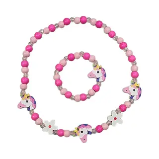 Fako Bijoux® - Kinderketting En Armband - Hout - Eenhoorn & Bloemetjes Roze