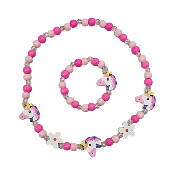 Fako Bijoux® - Kinderketting En Armband - Hout - Eenhoorn & Bloemetjes Roze thumbnail
