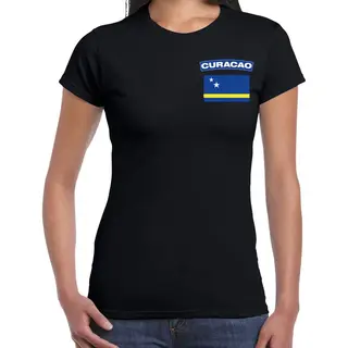 Bellatio Decorations Curacao T-shirt Met Vlag Zwart Op Borst Voor Dames - Curacao Landen Shirt - Supporter Kleding Xxl