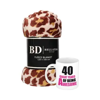Bellatio Design Cadeau Verjaardag 40 Jaar Vrouw - Fleece Plaid/deken Panter Print Met 40 Great Years Awesome Mok