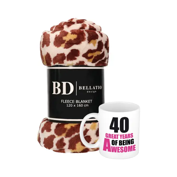 Bellatio Design Cadeau Verjaardag 40 Jaar Vrouw - Fleece Plaid/deken Panter Print Met 40 Great Years Awesome Mok thumbnail