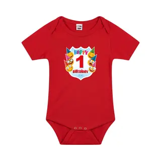 Bellatio Decorations Happy Birthday 1e Verjaardag Romper - Unisex - Jongens - Meisjes - 1 Jaar Met Emoticons Rood Voor Babys 80