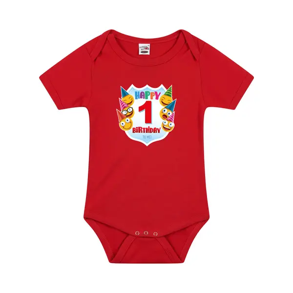 Bellatio Decorations Happy Birthday 1e Verjaardag Romper - Unisex - Jongens - Meisjes - 1 Jaar Met Emoticons Rood Voor Babys 80 thumbnail