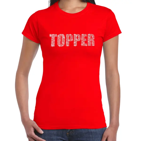Bellatio Decorations Glitter Topper T-shirt Rood Met Steentjes/ Rhinestones Voor Dames - Glitter Kleding/ Foute Party Outfit Xs thumbnail