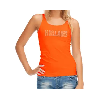 Bellatio Decorations Glitter Holland Tanktop Oranje Met Steentjes/rhinestones Voor Dames - Oranje Fan Shirts - Holland / Nederland Supporter - Ek/ Wk Top / Outfit S