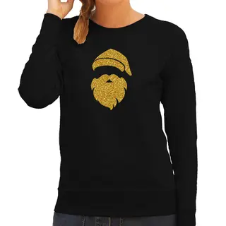 Bellatio Decorations Kerstman Hoofd Kerst Trui - Zwart Met Gouden Glitter Bedrukking - Dames - Kerst Sweaters / Kerst Outfit Xxl