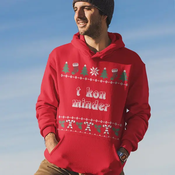 B&C Groningen Kerst Hoodie Rood T Kon Minder Candy Cane - Maat L - Uniseks Fit - Kerstkleding Voor Dames & Heren thumbnail