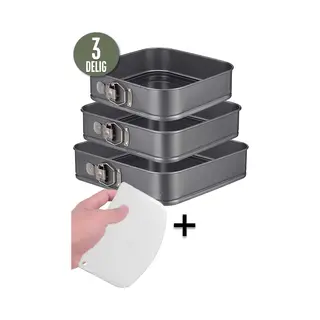Coock 3-delige Bakvorm Set Vierkant- Springvorm - Taartvorm Rechthoek Met Antiaanbaklaag - 24 Tot 28 Cm Diameter -Cakevorm Incl. Deegschraper & E-Book