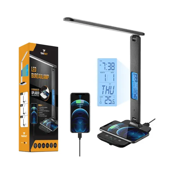 Tensfact® Bureaulamp Tafellamp Nachtlampje Leeslamp & Led Lamp - Led Verlichting - Wireless Charger - Qi Draadloze Oplader - Zwart thumbnail