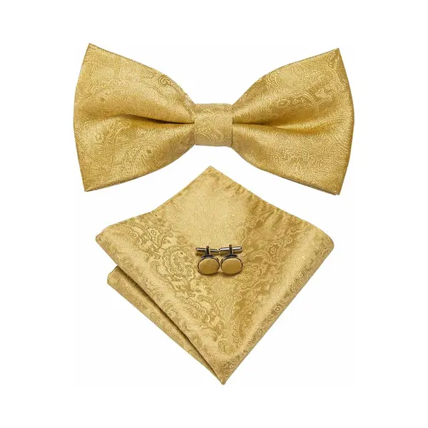Vlinderdas Inclusief Pochet En Manchetknopen - 100% Zijden - Paisley - Goud - Vlinderstrik - Strik - Pochette – Heren - Cadeau thumbnail