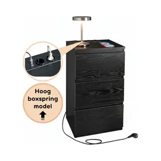 Casamoda Extra Hoog Nachtkastje Voor Boxspring - H70 X B40 X D35 Cm - 3 Lades - Stopcontact En Usb - Draagkracht 45 Kg - Moderne Bijzettafel - Zwart