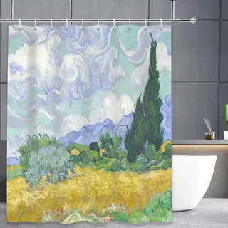 3 Bmt 3BMT® Douchegordijn Anti Schimmel - Korenveld Met Cipressen Van Gogh - Natuur - Douche Gordijn 180X200 Cm - Shower Curtain - Douche Gordijnringen