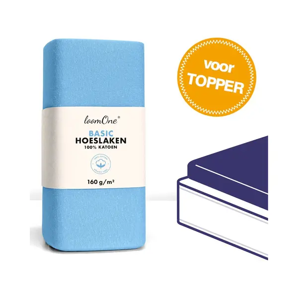 Loom One Hoeslaken Topper – 100% Jersey Katoen – 120x200 Cm – Tot 12cm Matrasdikte– 160 G/m² – Lichtblauw thumbnail