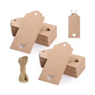 KeyAmor 150x Stuks Kraft Karton Labels Met 20m Jute Touw - Hart Kartonnen Cadeaulabels Met Gaatje En Koord - Bruine Etiketten - Kraftpapier Naamkaartjes -