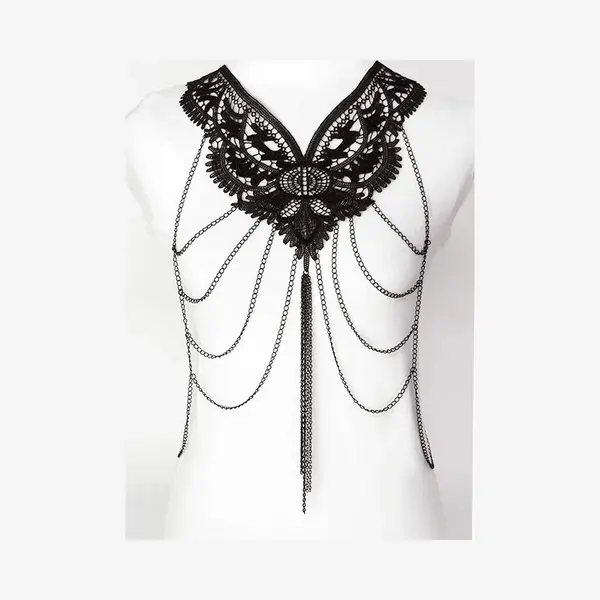 Kimu Body Chain Zwart Kant Lace - Lichaamsketting Victoriaans Sexy Buikketting Lichaam Ketting Harnas - Steampunk Collar Zwarte Festival thumbnail