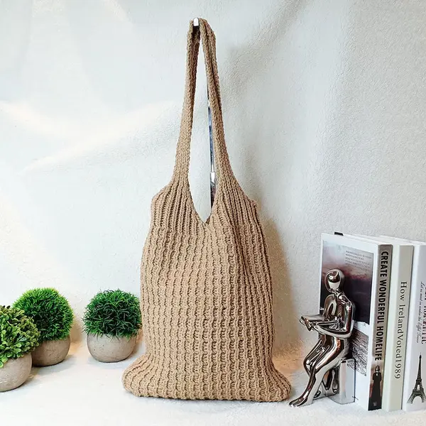 Without Lemon - Gebreid Schoudertas - Knitted Tote Bag - Boodschappentas - Vrouwen - Large - Khaki thumbnail