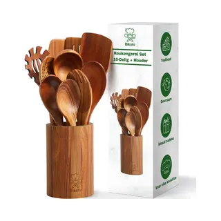 Bikolo® Keukengerei Set 10-Delig + Houder - Keukengerei Houder - Houten Spatel - Spatels - Spatelpot