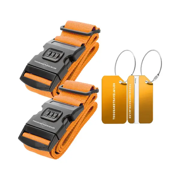 Kofferset 4 Delig – Kofferriem Met Cijferslot – Aluminium Bagagelabels – Bagageriem – Kofferlabels – Oranje – Thousandtravelmiles thumbnail