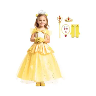 Joyakids Joya Kids® Gele Verkleedjurk | Prinsessen Jurk | Prinses & Het Beest Verkleedkleding | Maat 146-152 (150) + Kroon, Staf, Handschoenen, Ketting, Ring