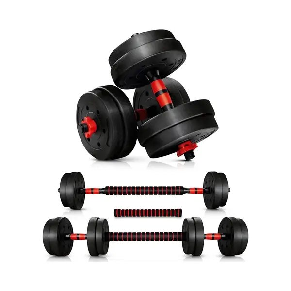 Luxari - 3-in-1 Pro Set - Dumbbell & Halterset In 1 - 20 Kg - Verstelbaar - Complete Thuisgym Oplossing – Zwart/Rood thumbnail