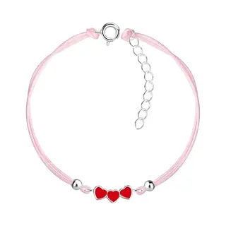 Jyc Joy|S - Zilveren Hartje Bedel Armband - Rode Hartjes Bedel Sterling Zilver 925 - Roze Koord - Th23