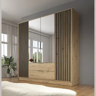 Meubella Kledingkast Nairobi - Eiken - Zwart - 206 Cm - Met Spiegel
