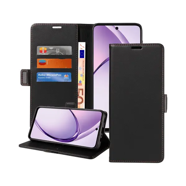 ChiGuard Geschikt Voor Oppo A40 4G/A40M 4G /Oppo A60 5G Hoesje - Book Case Hoesje - Magnetische Sluiting - Portemonnee Rustic Zwart thumbnail