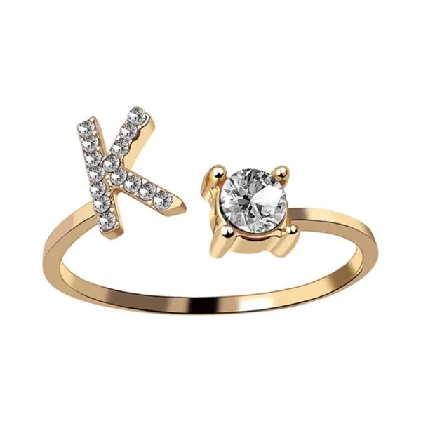 Despora Ring Met Letter - Ring Met Steen - Letter Ring - Ring Letter - Initial Ring - (Zilver 925) Gold-Plated Letter K - Cadeautje Voor Haar thumbnail