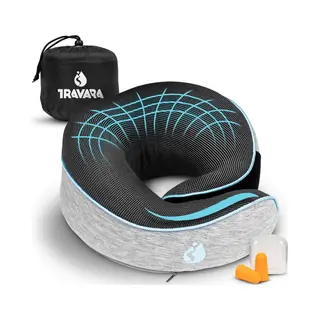 Travara Nackenkissen - Reisekissen - Für Flugzeug - Auto - Memory Foam - Mit Ohrstöpseln - Grau
