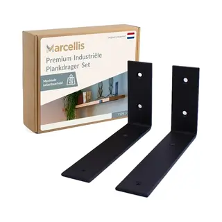 Marcellis - 2x Industriële Plankdrager - Voor Plank 30 Tot 35cm + Schroefset - Mat Zwart - Staal-T5