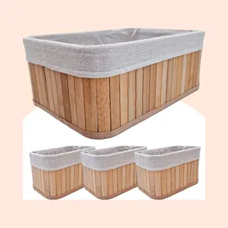 YellowPack 4x Opbergmand Bamboe - 15, 5 L - Kast Mand - Badkamermandje - Stapelbaar - Naturel - Multifunctionele Mand - Opberg Box/Doos/Mand/Vakken -