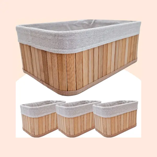 YellowPack 4x Opbergmand Bamboe - 15, 5 L - Kast Mand - Badkamermandje - Stapelbaar - Naturel - Multifunctionele Mand - Opberg Box/Doos/Mand/Vakken - thumbnail