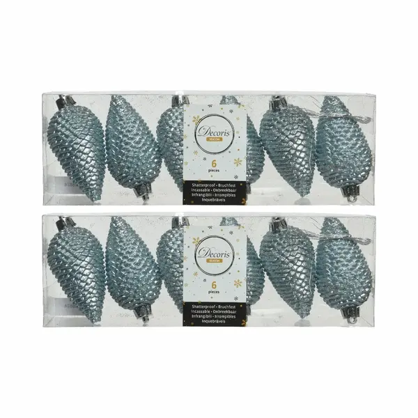 Decoris Kersthangers Dennenappels - 12x - Lichtblauw - Glitter - 8 Cm - Kunststof - Kerstversiering thumbnail