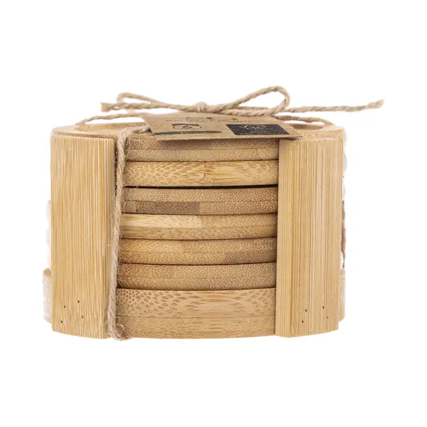 Secret De Gourmet Glazen Onderzetters - 12x Stuks - Bamboe Hout - Rond - D10 Cm - Glazenonderzetter - In Houder thumbnail