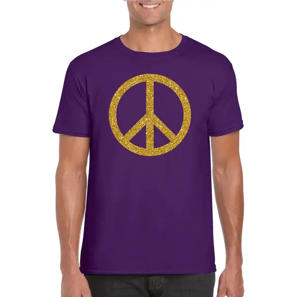 Bellatio Decorations Paars Flower Power T-shirt Gouden Glitter Peace Teken Heren - Sixties/jaren 60 Kleding L thumbnail