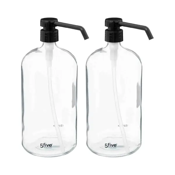 5Five Zeeppompje/dispenser - 2x - Glas - Transparant - 1 Liter - Navulbaar - Toilet/badkamer/keuken thumbnail