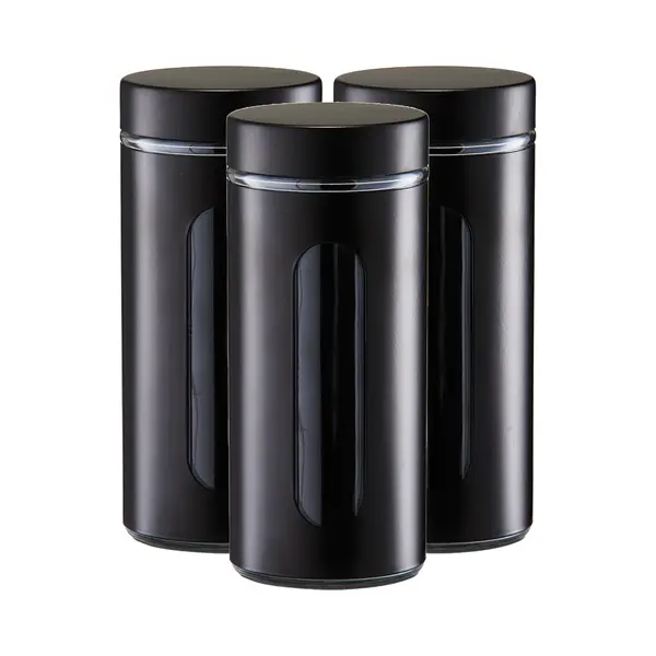 Zeller Voorraadpot / Blik Met Venster - 3x - Zwart - 1200 Ml - Glas/metaal - D10 X H23 Cm thumbnail