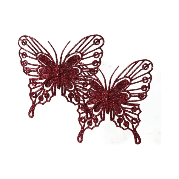 Decoris Kerstboom Decoratie Vlinders Op Clip - 2x - Donkerrood - 13 Cm thumbnail