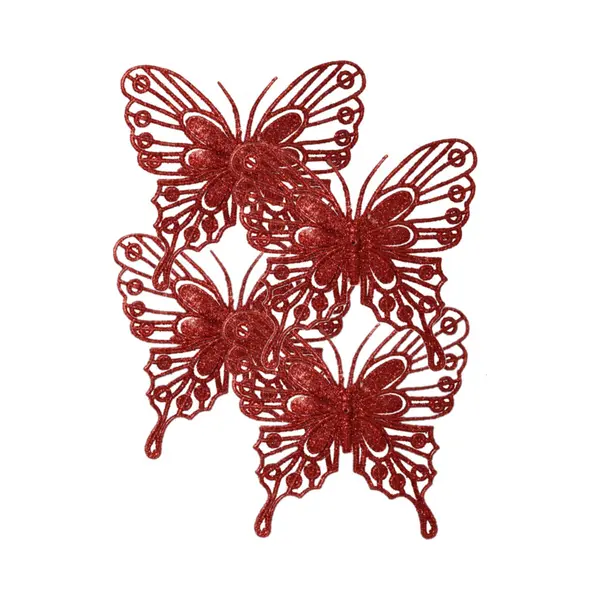 Decoris Kerstboom Decoratie Vlinders Op Clip - 4x - Rood - 13 Cm thumbnail