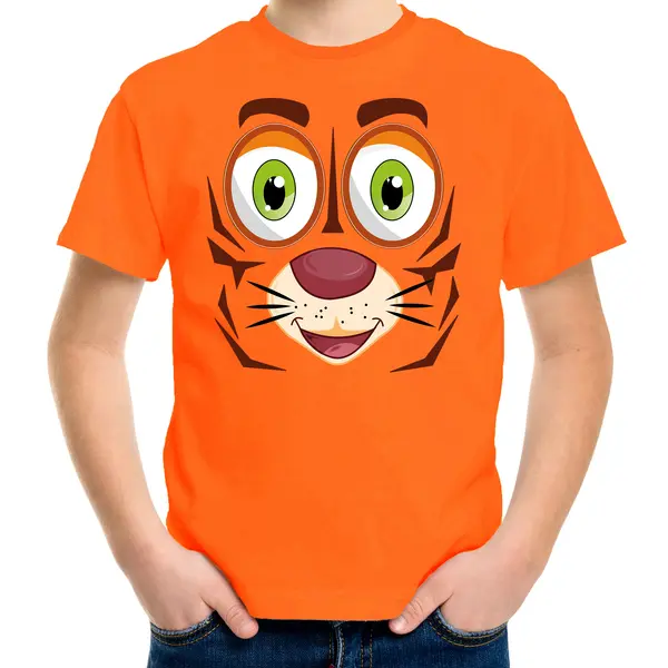 Bellatio Decorations Dieren Verkleed T-shirt Kinderen - Tijger Gezicht - Carnavalskleding - Oranje 164/176 thumbnail