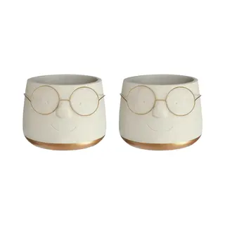 Ideas 4 Seasons Ideas4seasons Bloempot/plantenpot Gezicht Met Brilletje - 2x - Wit/goud - Voor Kamerplant - D14 X H11 Cm