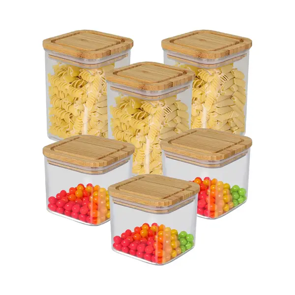 Bambou & Co Keuken Voorraadpotten - 6x Stuks - 0.8L/1L - Kunststof/bamboe - Met Luchtdichte Deksel thumbnail