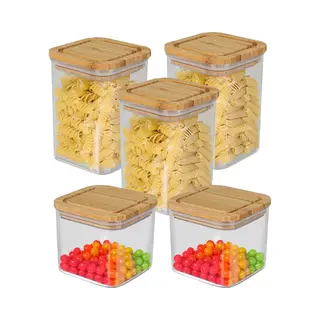 Bambou & Co Keuken Voorraadpotten - 5x Stuks - 0.8L/1L - Kunststof/bamboe - Met Luchtdichte Deksel