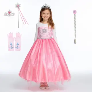 Joyakids Joya Kids® Verkleed Jurk Met Ster Roze | Glamour Jurk Met Sleep | Prinsessenjurk Meisje | Verkleedjurk + Accessoires Set | Roze | Maat 122/128 (120)