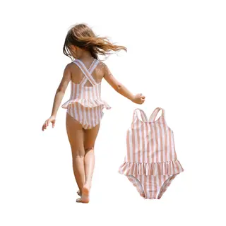 Joyakids Joya Kids® Badpak Gestreept Roze Wit Met Ruches Meisjes | Zwempak Met Ruches Strepen Zacht Roze | Zwempak Gekruisde Rug Kind | Meisje Streep Bikini