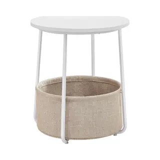 Hoppa! - Bijzettafel - Ronde Bijzettafel Met Stoffen Mand, Ruim, Moderne Stijl, Wit En Beige LET223W10